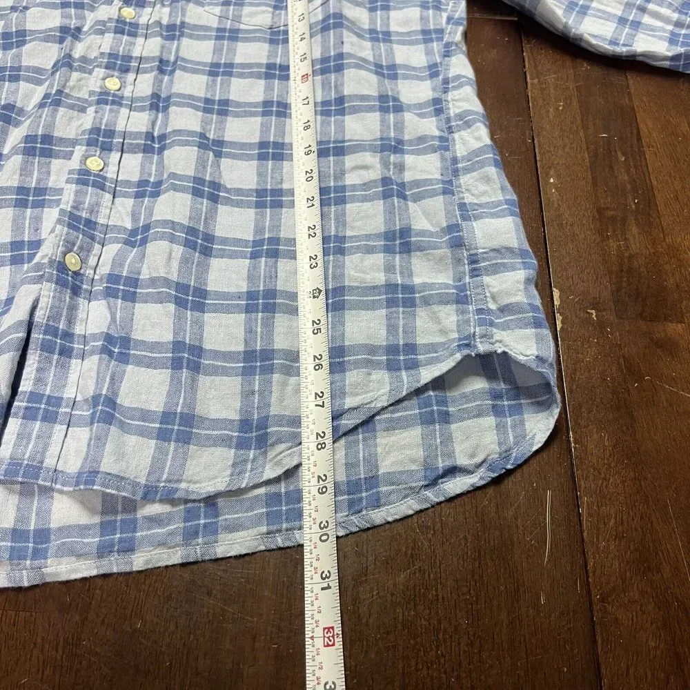 J‎ Crew Shirt Mens Large Blue Plaid Button Up Linen Casual Slim Lightweight